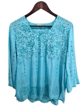John Mark Embroidered Blouse Womens M Teal Boho Peasant 3/4 Sleeve